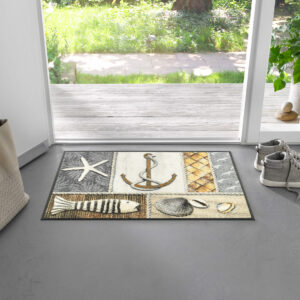 Mata tekstylna Coastline z motywem kotwicy, muszli i ryby