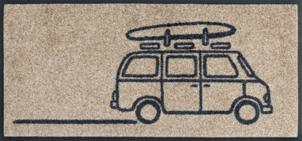 Keep it Simple beige – prostokątny dywanik z grafiką busa i napisem